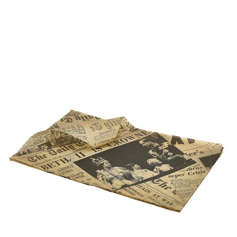 Greaseproof Paper Brown Newspaper Print 25 x 35cm- Pack 1