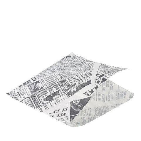 Greaseproof Paper Bags White Newspaper Print 17.5 x 17.5cm- Pack 1