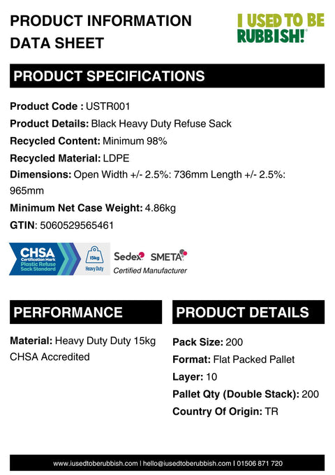 Recycled Heavy Duty Refuse Sacks 100ltr - 200pk - Black - (USTR001)