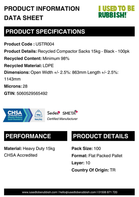 Recycled Compactor Sacks 15kg - Black - 100pk (USTR004)