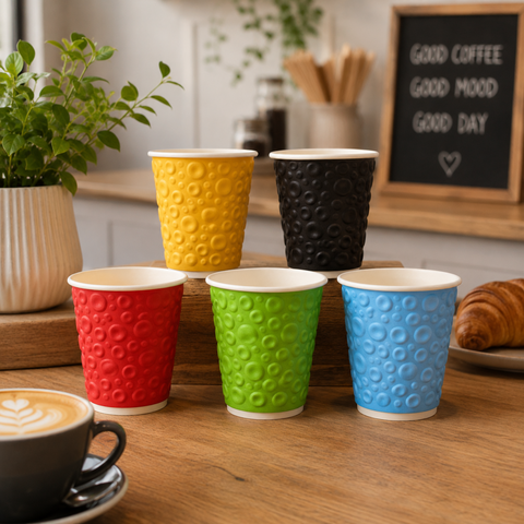Five textured paper cups in yellow, black, red, green, and blue arranged on a wooden table in a cafe setting, with a cup of latte art coffee, a potted plant, and a croissant in the background.
