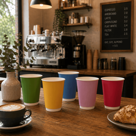 Six reusable paper coffee cups in green, yellow, blue, pink, and red are lined up on a wooden table in a cozy cafe setting, with a latte and croissant nearby.